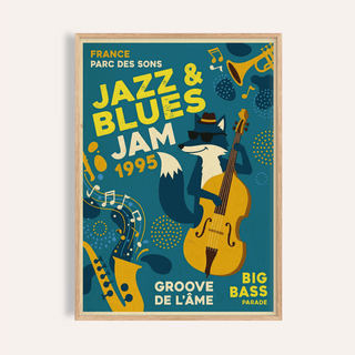 Framed Blues Concert Print of a fox playing double bass in yellow and blue