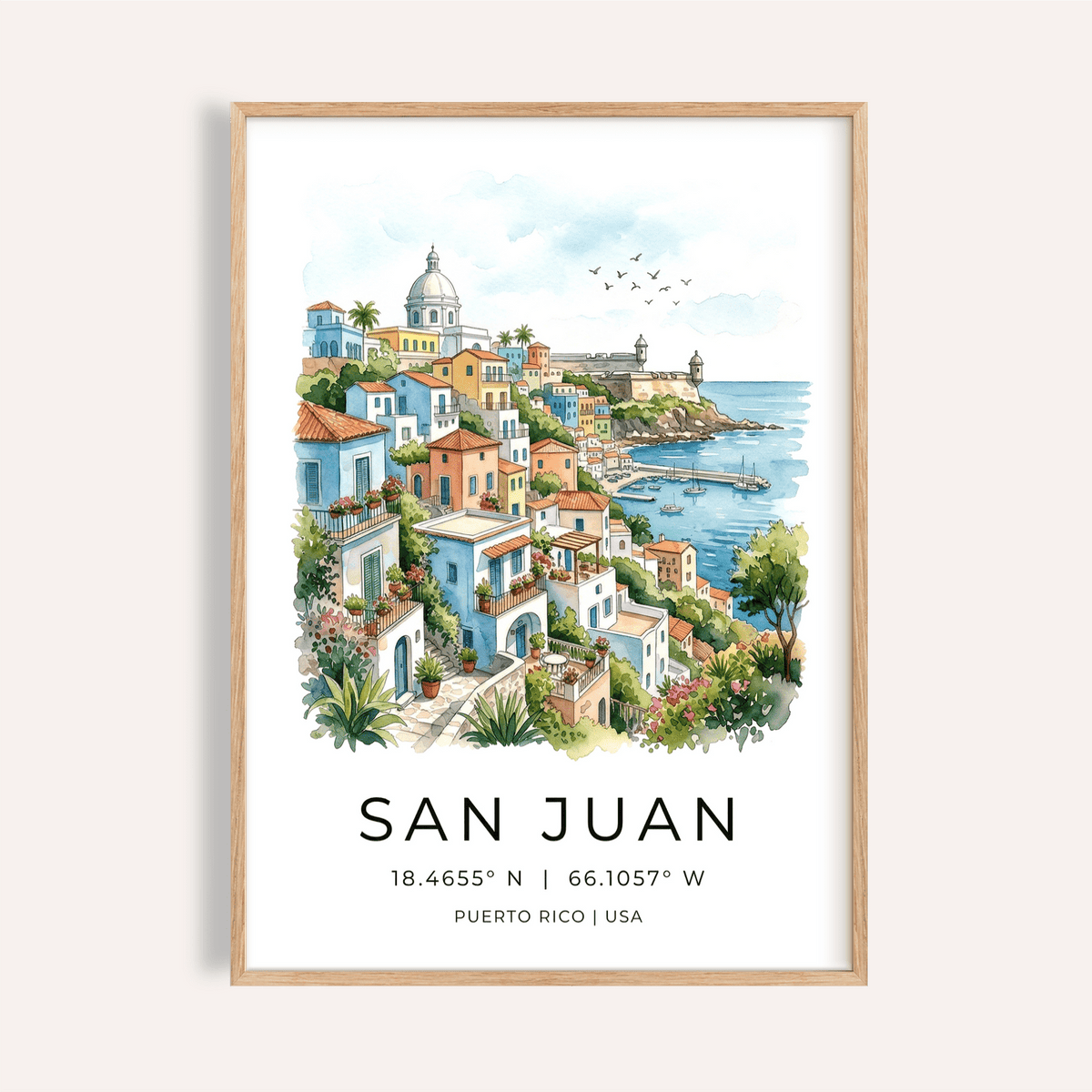 San Juan Art Print framed close-up of watercolour illustration with colourful houses and sea view