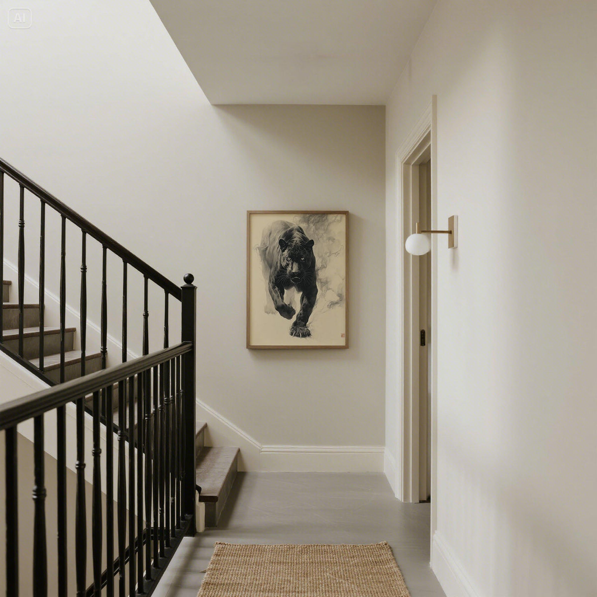 Traditional Japanese Ink Art print of a black panther in monochrome on a hallway wall near a stair rail