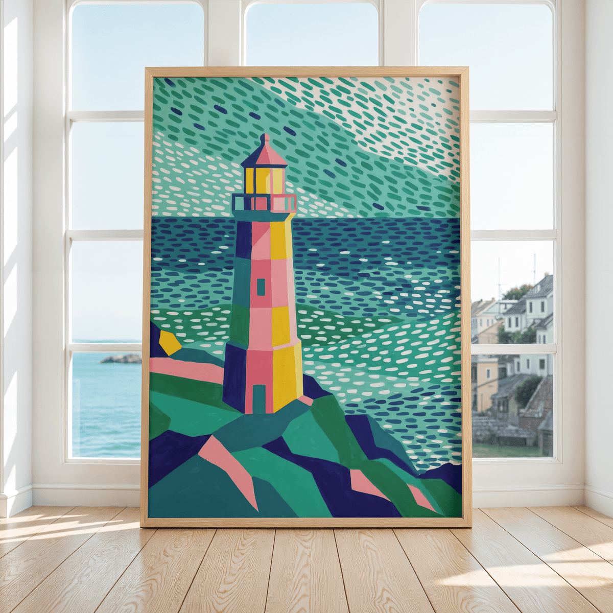 Colourful Lighthouse Print leaning in bright room with large windows and sea view outside