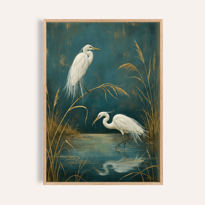 Framed Egret Wall Art illustration of two white egrets by a pond with brown reeds