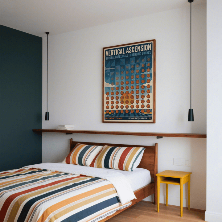 Abstract Sports wall art showing a basketball bounce pattern in blue and orange above a wooden bed with striped bedding