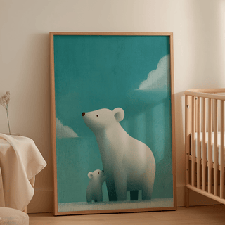 Polar Bear Print leaning on floor showing minimalist polar bear with cub and blue background next to a baby crib