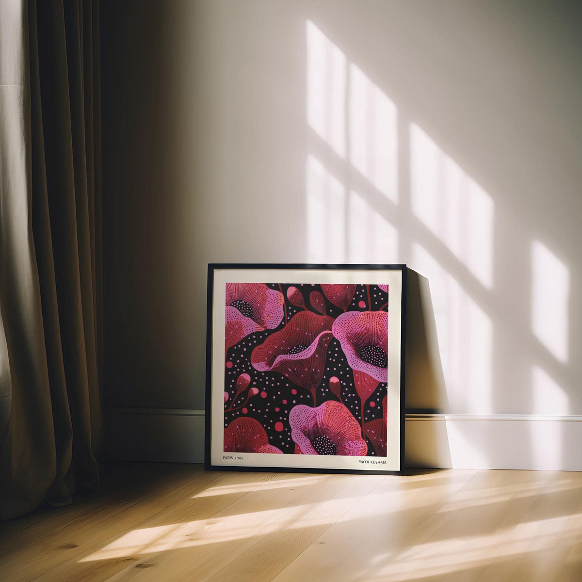 Print leaning on floor of Pink Florals abstract pink and red poppy flowers illuminated by window light
