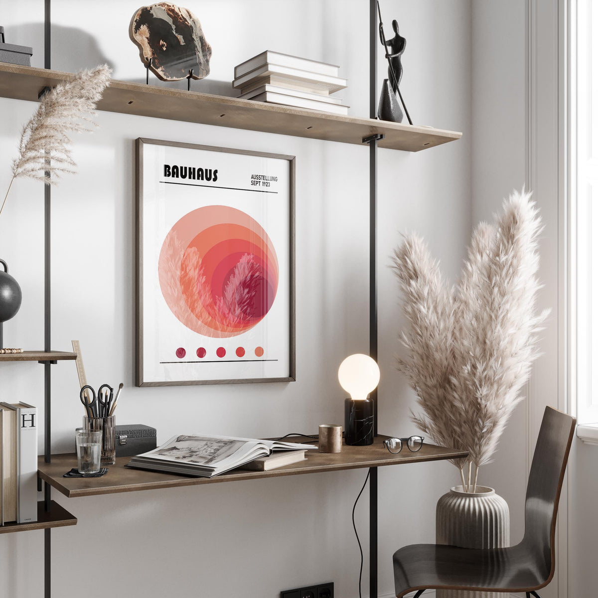 Wall Art Office showing minimalist concentric circles in warm reds on a beige wall above a wood desk
