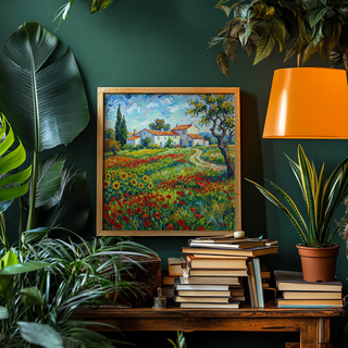 Framed Van Gogh painting of a countryside cottage with flowers green walls and an orange lamp