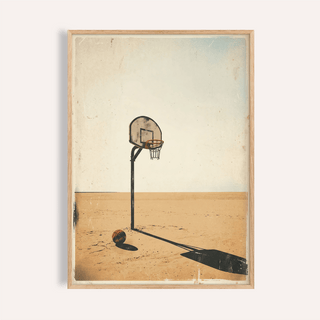 Framed Basketball Hoop Art showing a basketball and hoop casting a long shadow on sandy ground