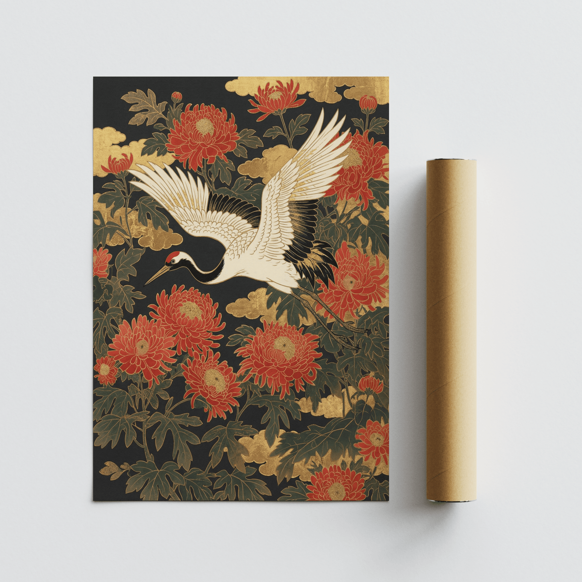 Crane Floral Art Print beside a packaging tube showing a white crane with red flowers on a dark background