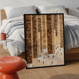 Framed Library Art Print of endless library stacks in beige and brown leaning on the floor beside a bed