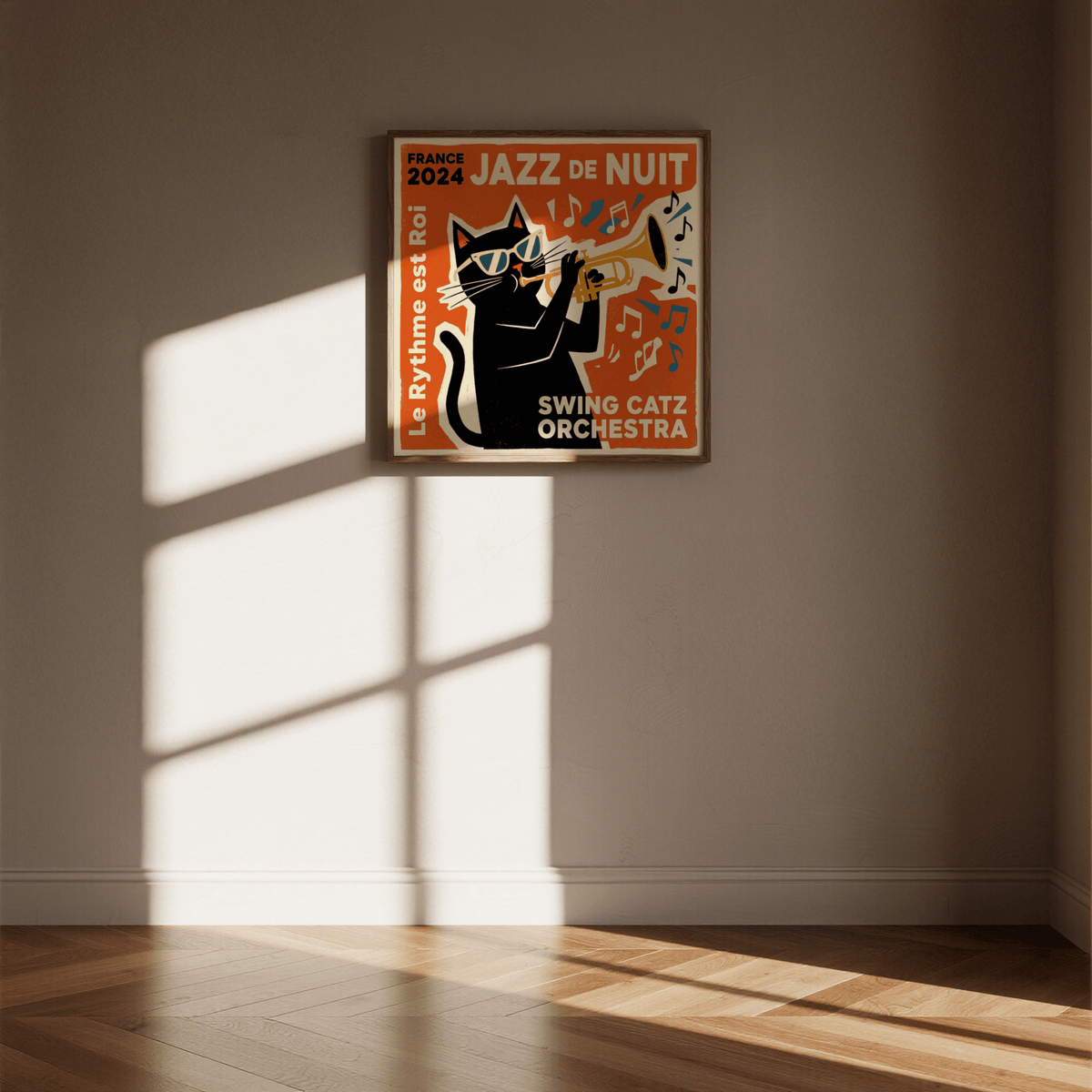 Jazz Cat Art framed print of a black cat playing trumpet with music notes on a wall with sunlight