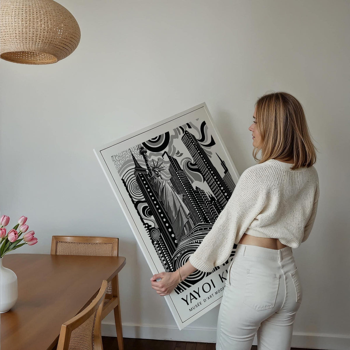 Framed print close-up of abstract Statue of Liberty illustration in black and white held by a woman