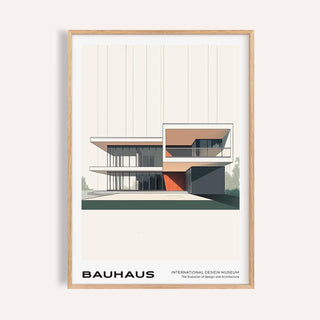 Framed Bauhaus architecture poster showing a minimalist modernist building in earthy tones