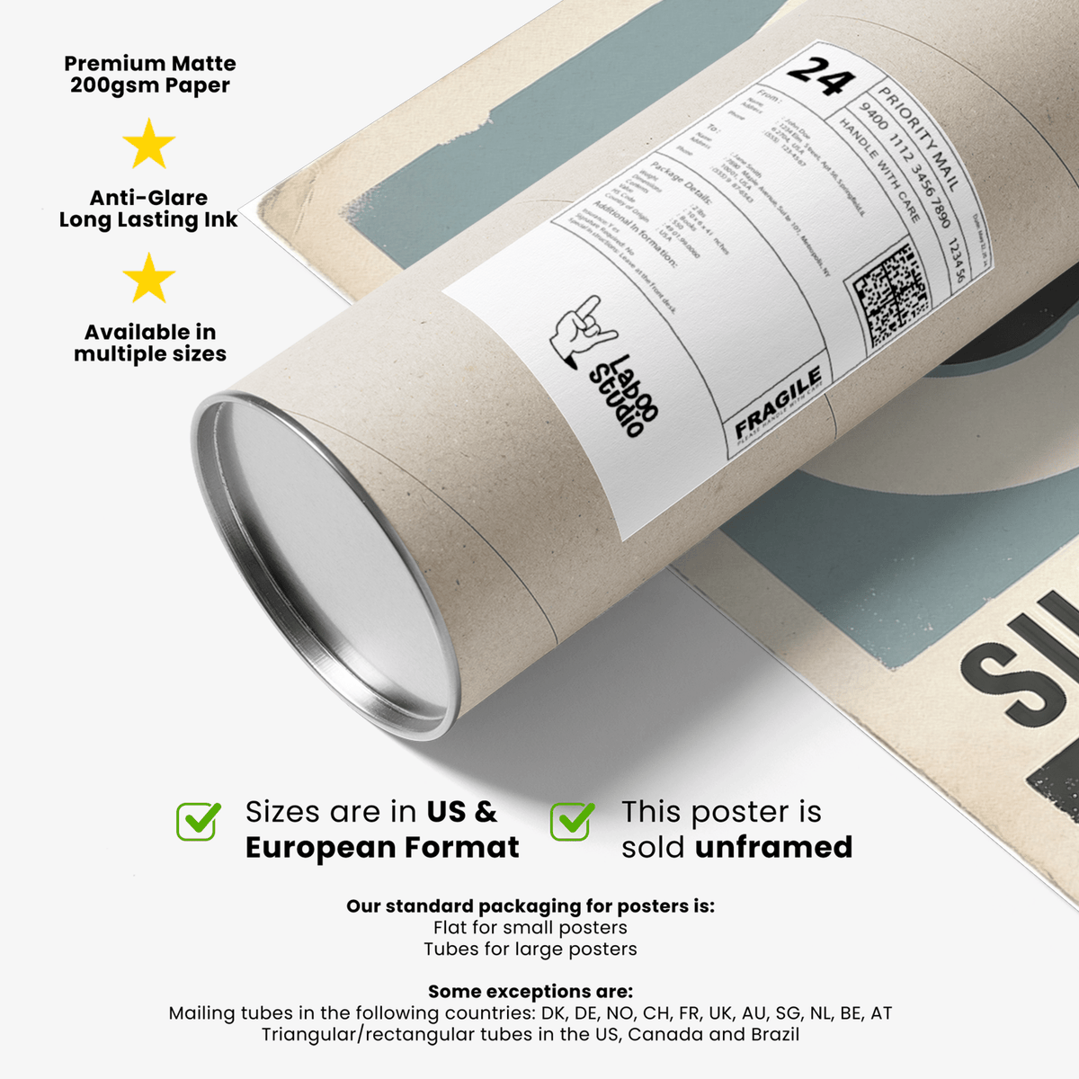 Packaging tube with shipping label and British Race Track Map Poster partially visible under it