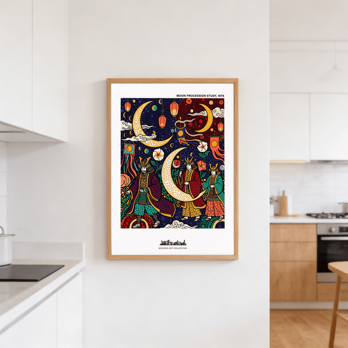 Japanese Festival Print on a wall in a kitchen with white walls and wooden cupboards