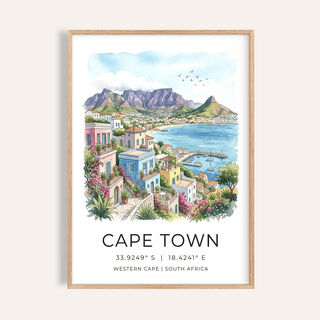 Framed Cape Town art print showing a colourful watercolour landscape with mountains and buildings