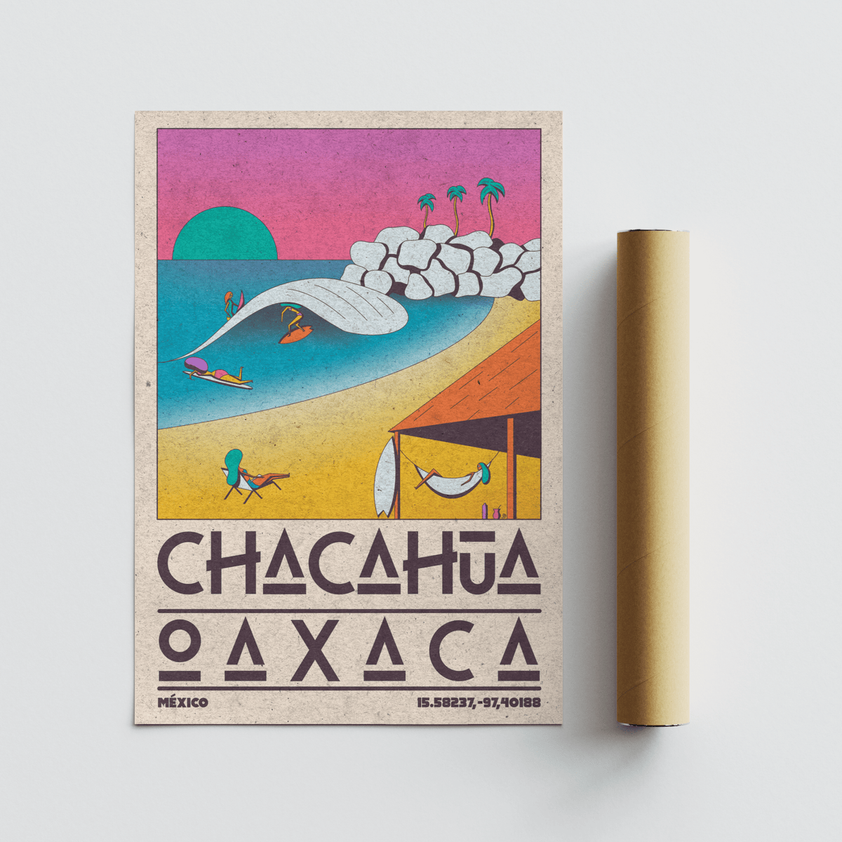 Mexican Beach Poster rolled print of retro surfing scene with purple pink sky and beach hut