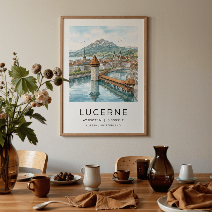 Lucerne Watercolor Art Print framed on a wall above a dining table with brown ceramics and flowers