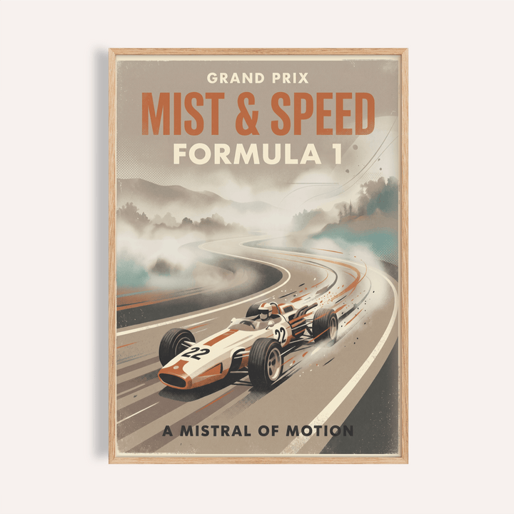 Vintage Racing Car Poster showing a single-seater race car on a winding track with misty hills