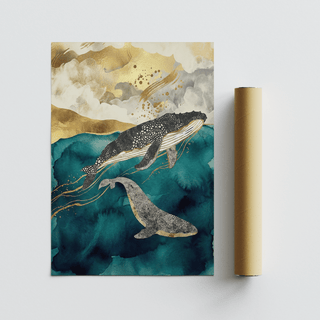 Whale Art Print laid flat with brown packaging tube showing a pair of patterned whales in teal and gold colours