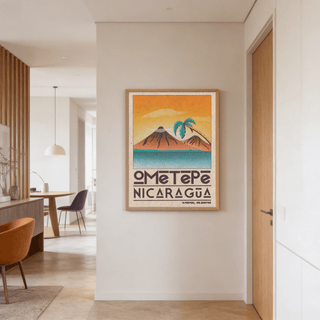 Ometepe Nicaragua Poster wall art with retro volcano and palm tree illustration in a hallway with a wooden door