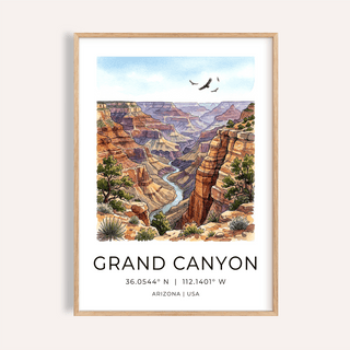 Framed Grand Canyon art print with watercolour illustration of canyon cliffs and birds