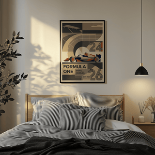 Minimal Geometric Racing Poster print on a bedroom wall above a bed with striped cushions and casual bedding