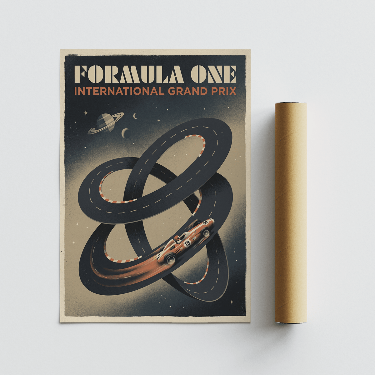 Captured Racing Car Wall Art featuring a retro layout and speeding car