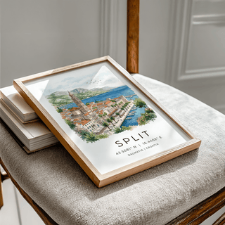 Framed Split Dalmatia art print of harbour with palm trees on a chair with books