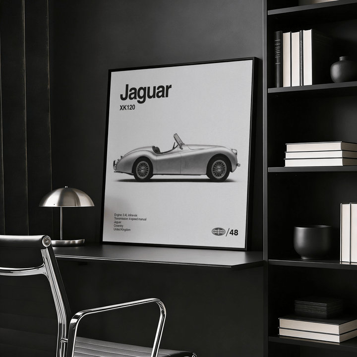 Vintage 1950s Roadster Poster leaning on a shelf showing a minimalist black and white car print with books nearby