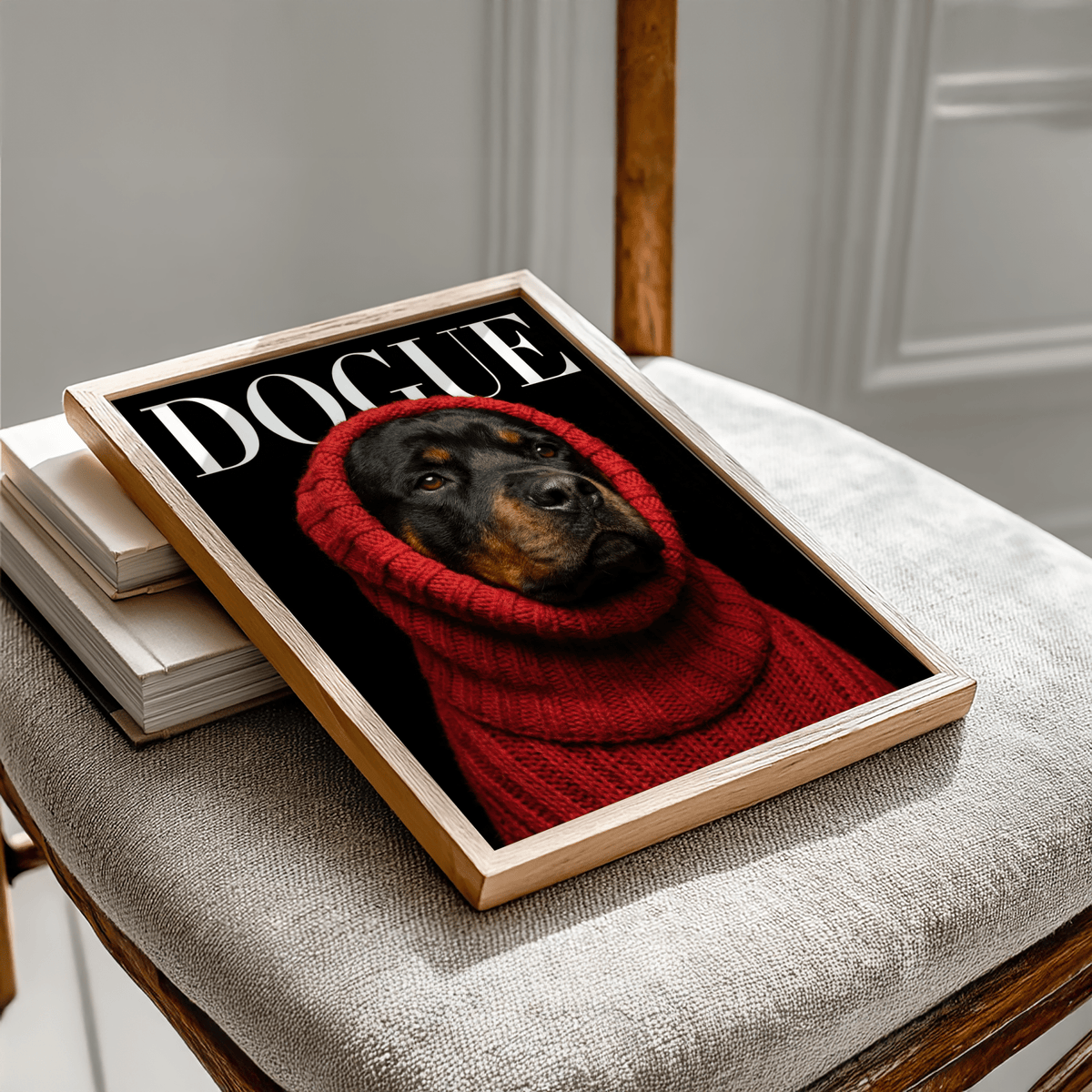 Framed print of Rottweiler Art showing a dog in a red knitted sweater on a chair with books