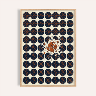 Framed Basketball Burst Art Print showing minimalist pattern of dark basketballs with one bursting orange ball