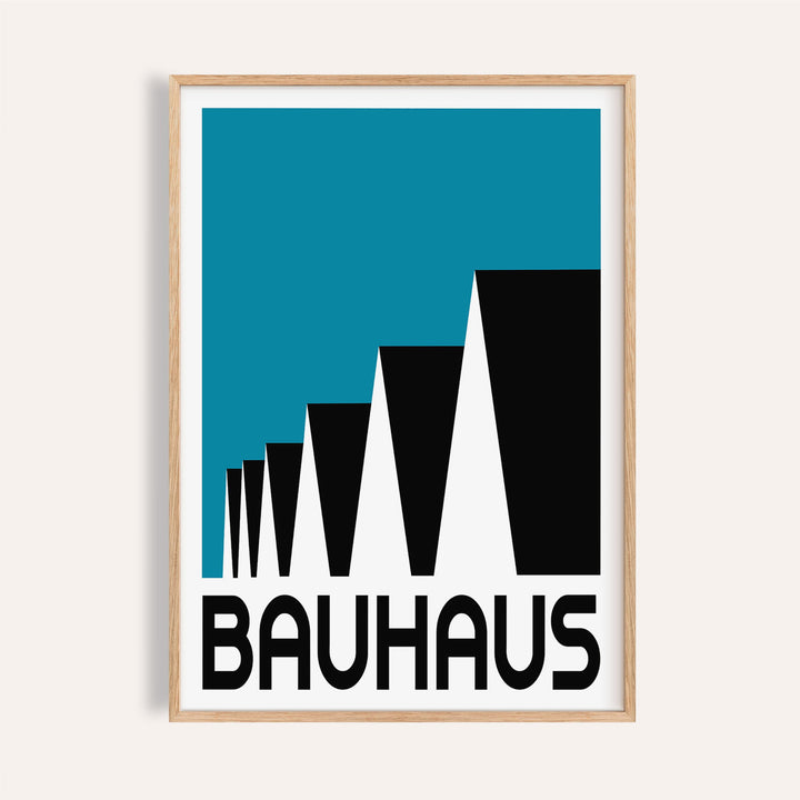 Framed Bauhaus Poster Blue with abstract stepped rooftops in black and blue with Bauhaus text
