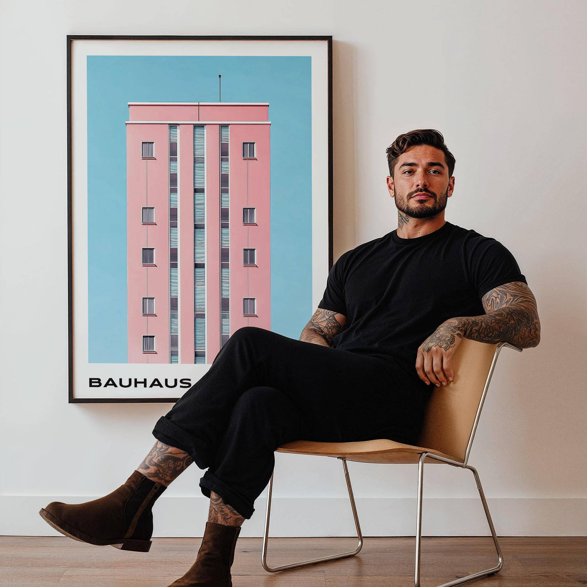 Architecture Art Prints framed print of a pink building facade with blue sky above a man sitting on a chair