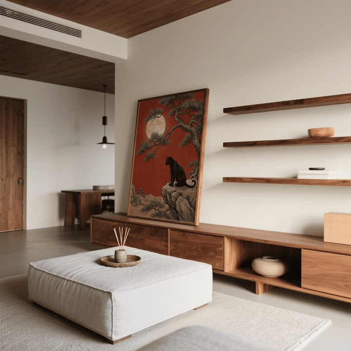 Black Panther Moon Print leaning on a wooden sideboard with timber shelves and neutral decor