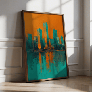 Modern Skyline Poster leaning on floor with an orange and teal abstract city skyline