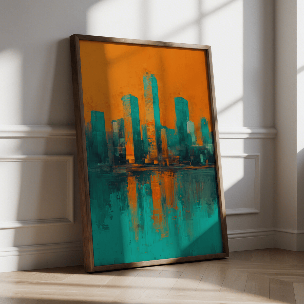 Modern Skyline Poster leaning on floor with an orange and teal abstract city skyline