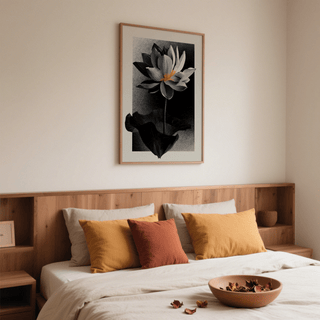 Lotus Flower Art Print hanging above a double bed with mustard and terracotta cushions and wooden headboard