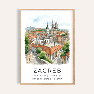 Framed close-up of Zagreb City art print showing detailed cityscape in watercolour and illustration style