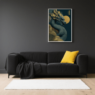 Chinese Dragon Art Print on dark wall above grey sofa with yellow cushion in living room