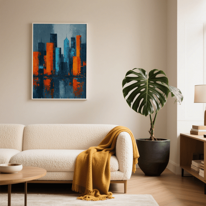 Abstract City Poster print with vibrant orange and blue skyline above a cream sofa with mustard throw