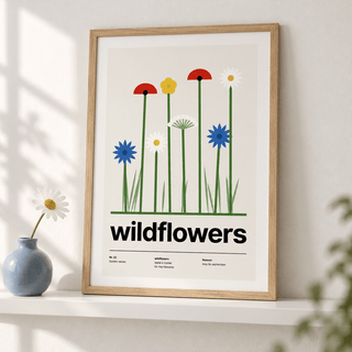 Swiss style wildflower meadow print leaning on a picture ledge with books