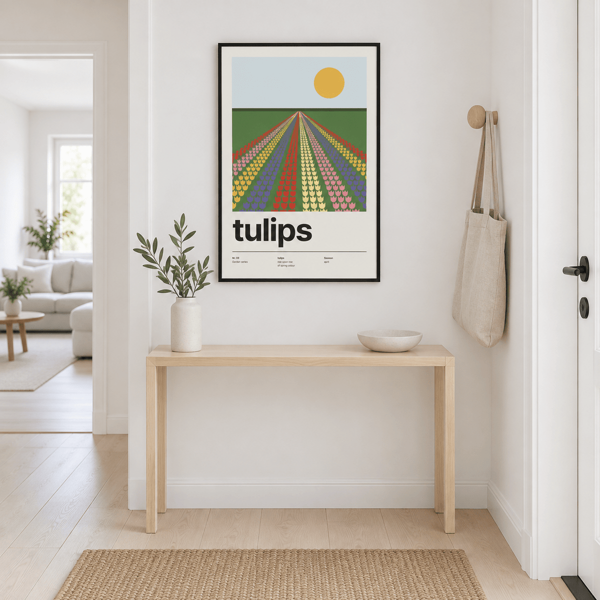 Swiss style tulip landscape print on the wall of a welcoming hallway