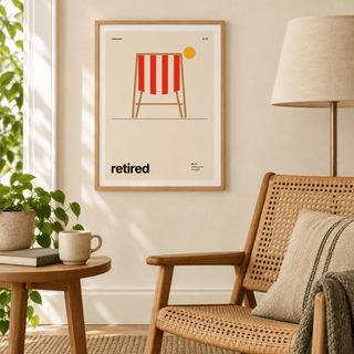Swiss style retired print above an armchair in a cosy reading corner