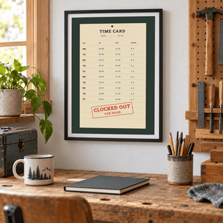 Clocked out for good print above a workbench in a home workshop