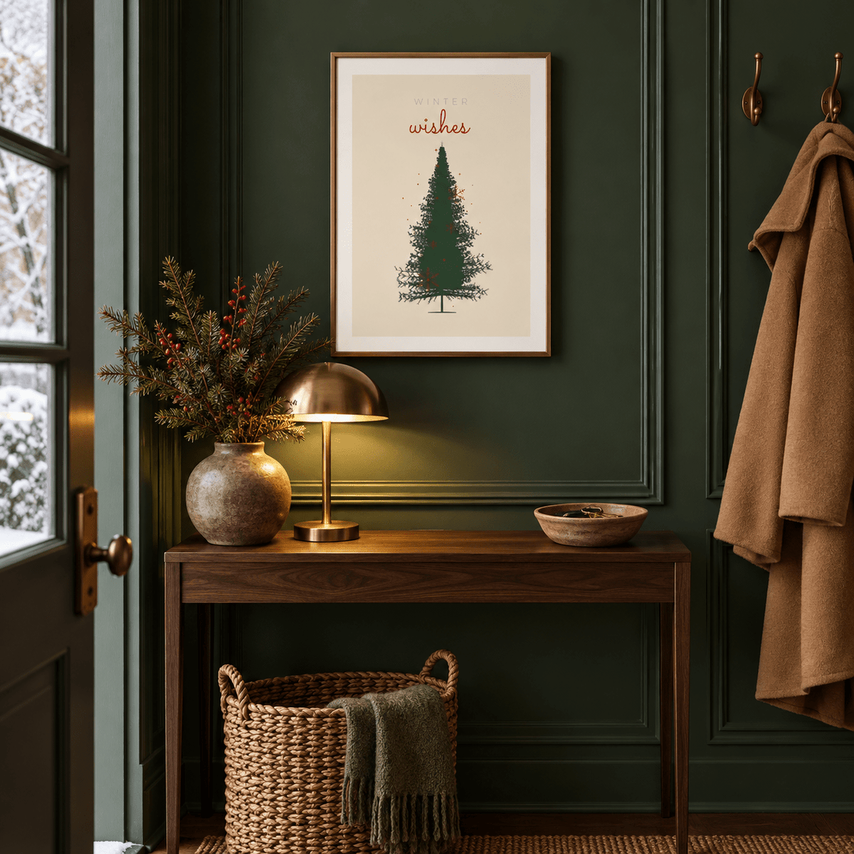 Cream and green Christmas tree print in a forest green entryway at Christmas