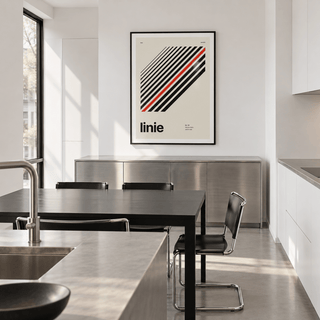 Swiss style line typography print on the wall of a kitchen diner