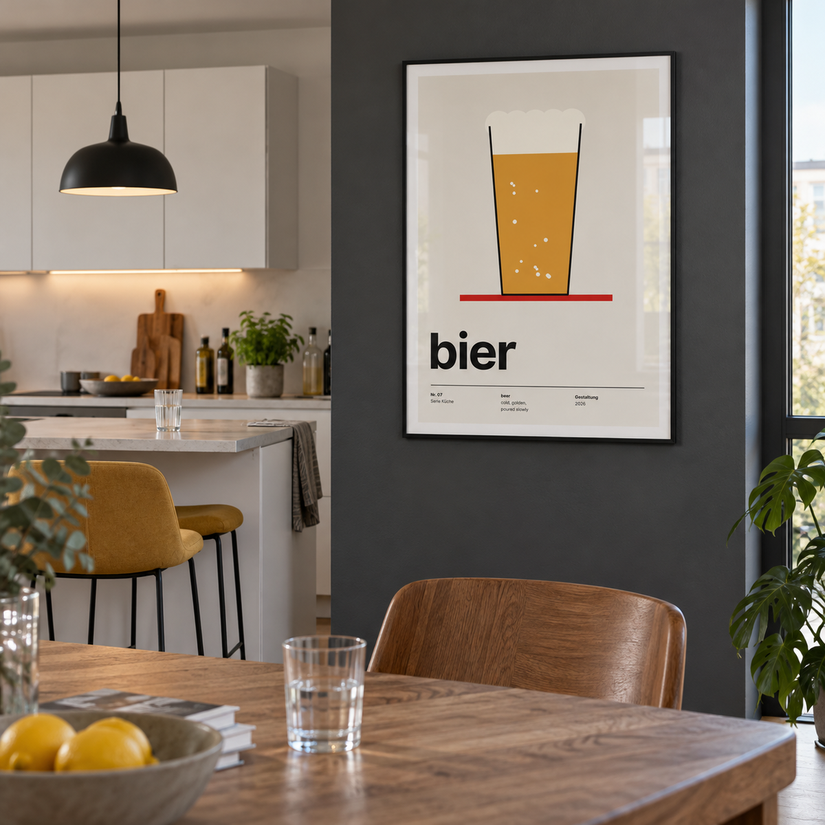Golden beer typography print in a dining kitchen against a charcoal wall