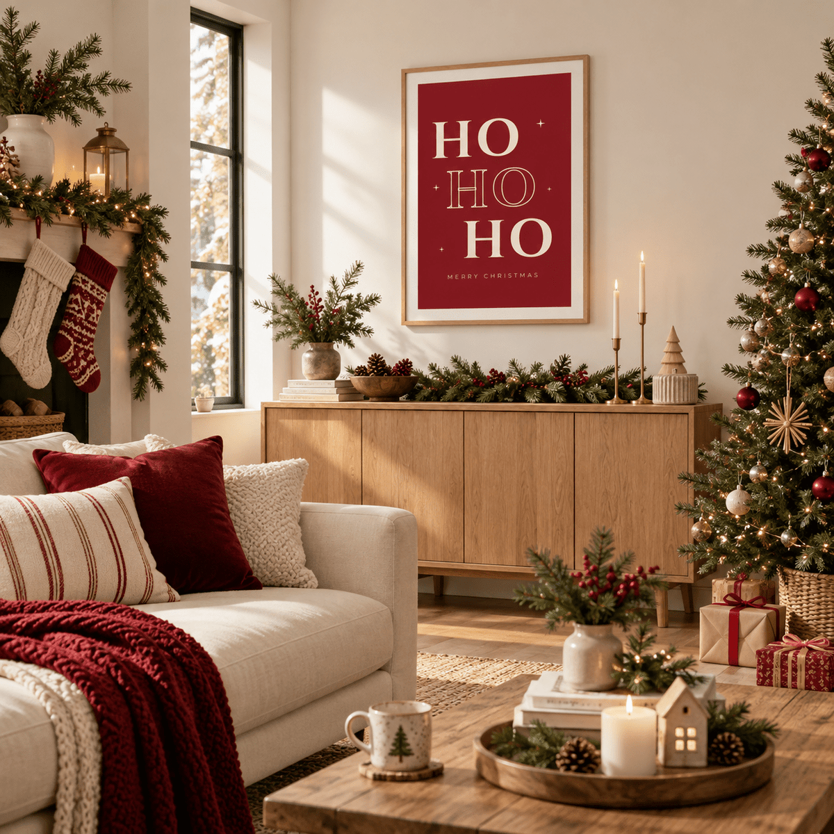 Festive red Santa laugh print in a playful family room at Christmas