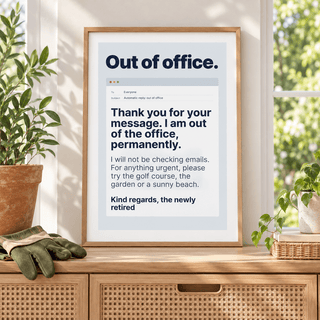 Automatic reply retirement print in a garden room filled with green plants
