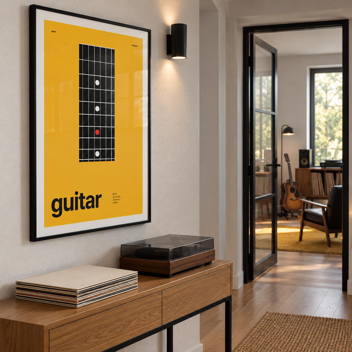 Swiss style guitar print in a music room hallway